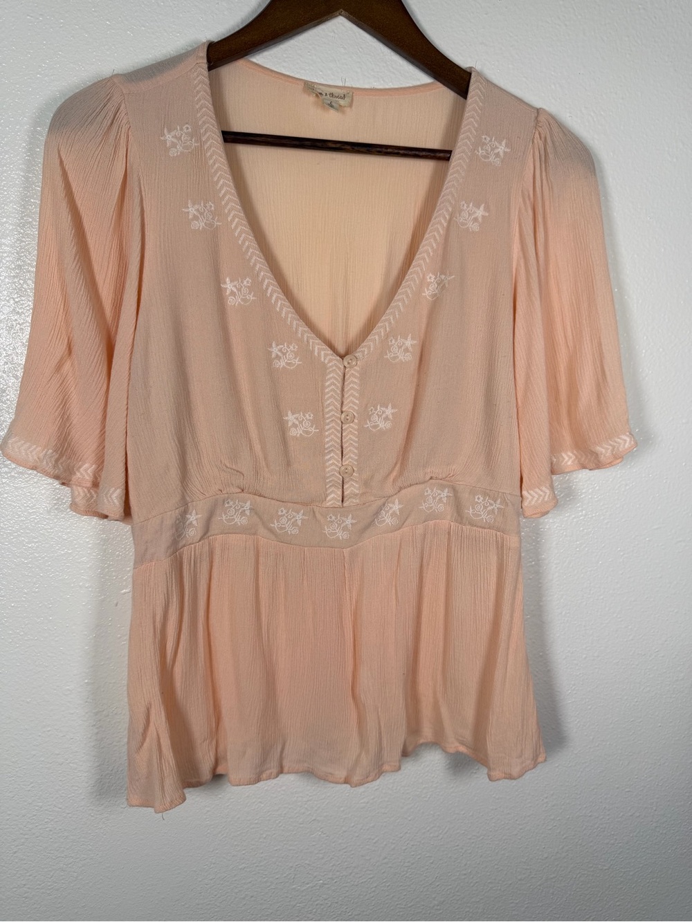 Peach V-Neck Flutter Sleeve Embroidered Blouse